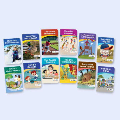Heggerty Grade 2 Library Series 3 decodable books for multisyllabic reading practice, featuring titles on animals, sports, and storytelling.
