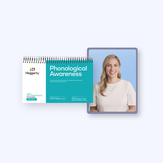 Early Pre-K Phonological Awareness Starter bundle featuring the purple Heggerty manual, alphabet cards, and myHeggerty digital access for preschool language play.