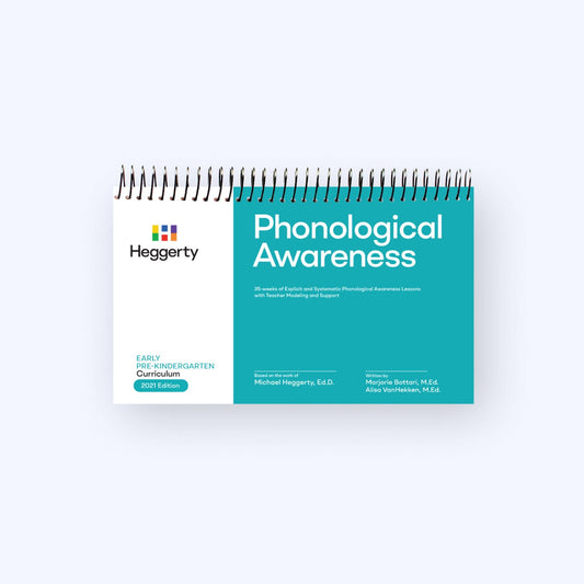 Heggerty Early Pre-K Phonological Awareness Curriculum featuring a purple manual, alphabet cards, and language play lessons for early childhood literacy.