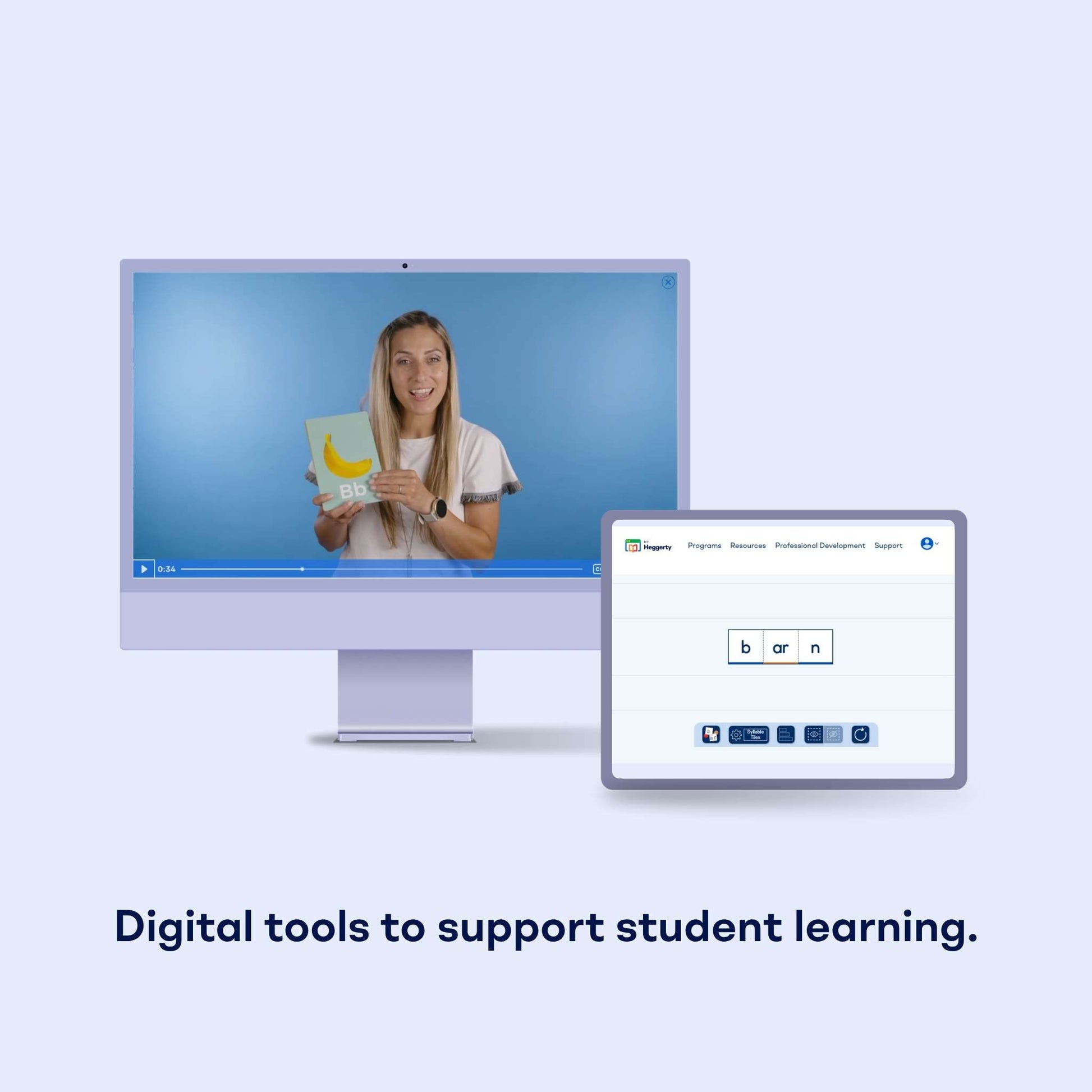 Computer monitor and tablet displaying myheggerty digital tools for student learning with a woman on screen.