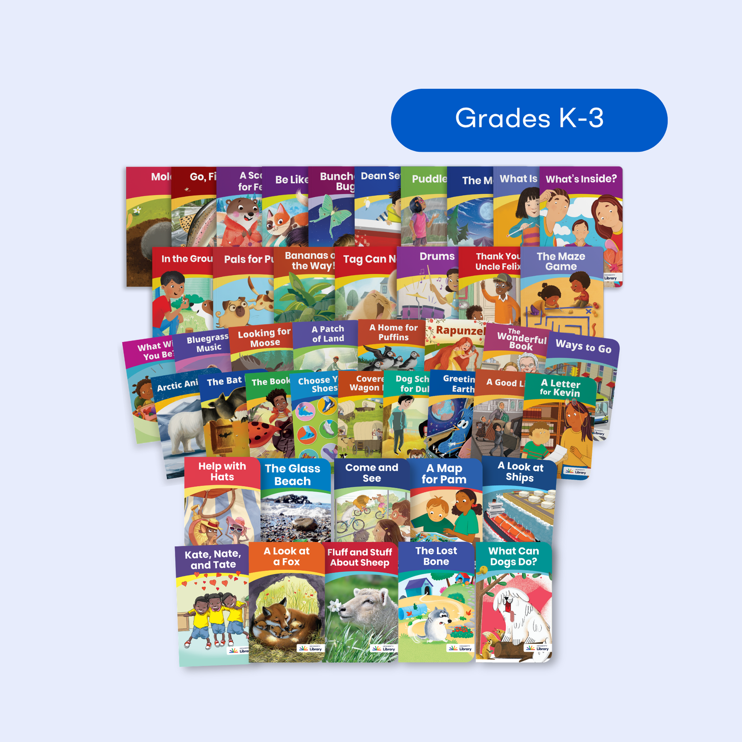 Cover collage of the Heggerty Library Complete Decodable Books Set, spanning science, nature, sports, biographies, and SEL.