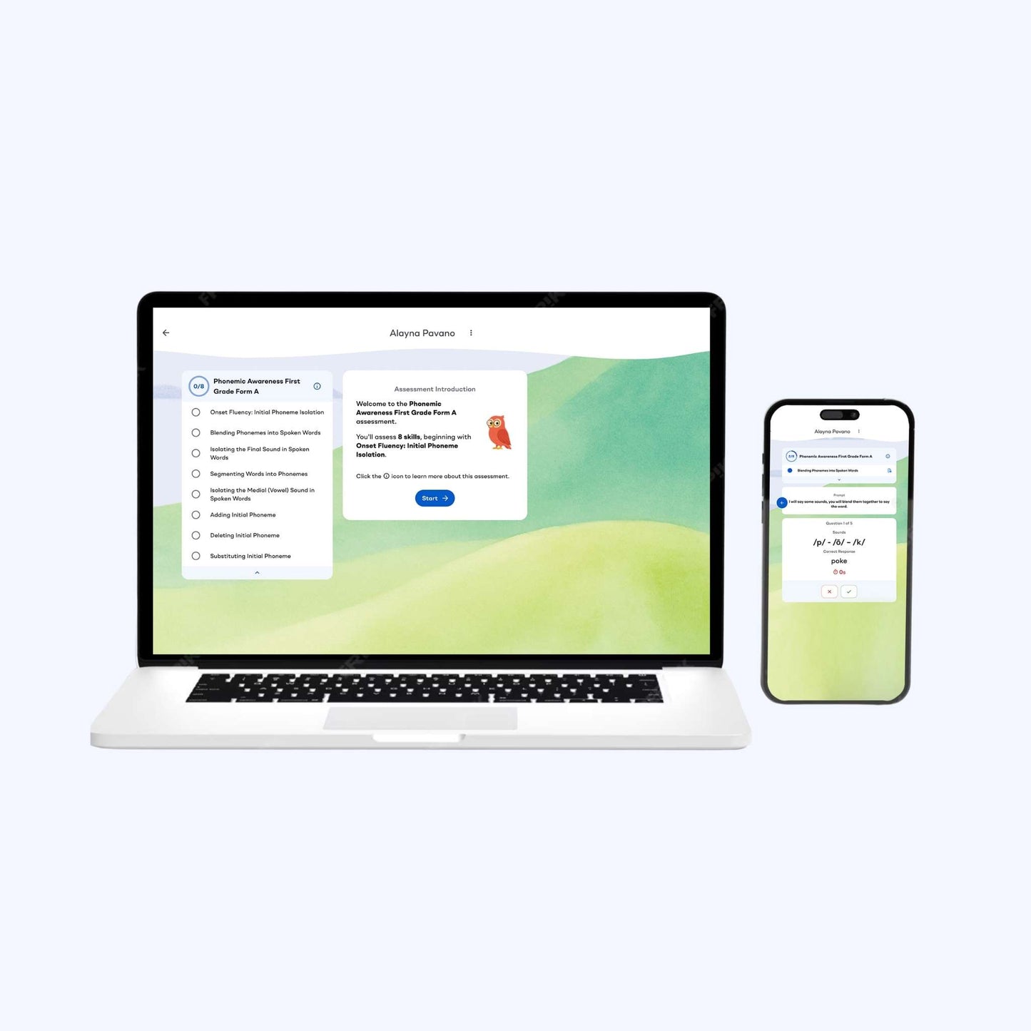 Laptop and smartphone displaying the myHeggerty digital phonemic awareness assessment and student interface.