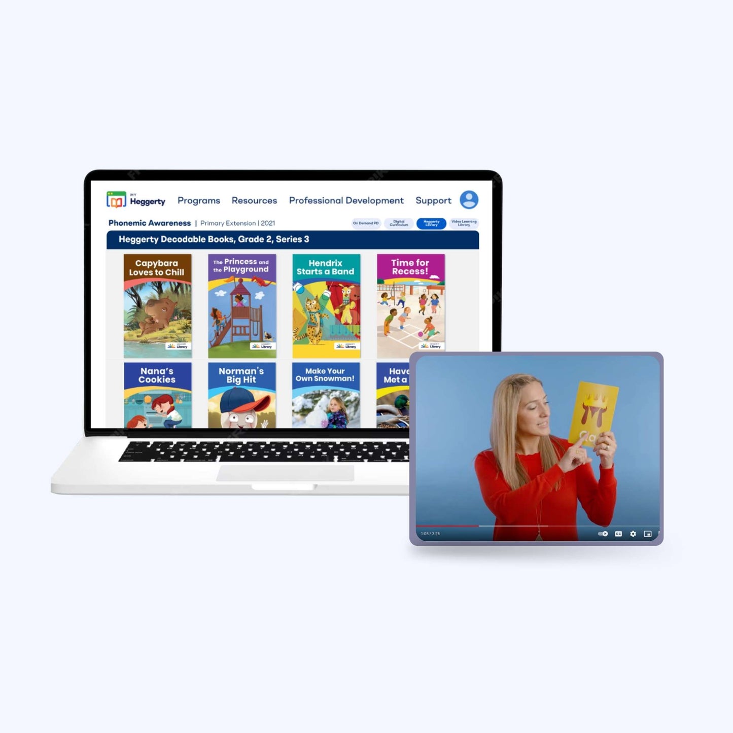 Laptop screen showing the Heggerty Decodable Books library alongside a digital video lesson of an instructor.