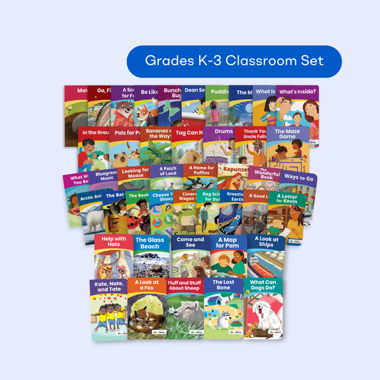 Grades K-3 Classroom Set banner over rows of colorful Heggerty Library decodable book covers on a light blue background.