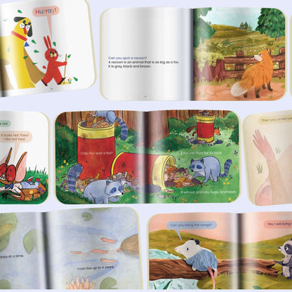 An overhead flat-lay of several open children's decodable books featuring colorful, textured illustrations of animals like foxes, raccoons, and opossums. The pages display simple, large-print sentences and speech bubbles designed for early readers.