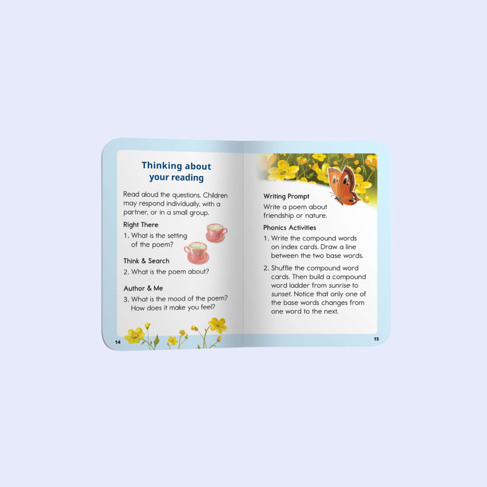 Educational book page with reading prompts and activities on a light blue background