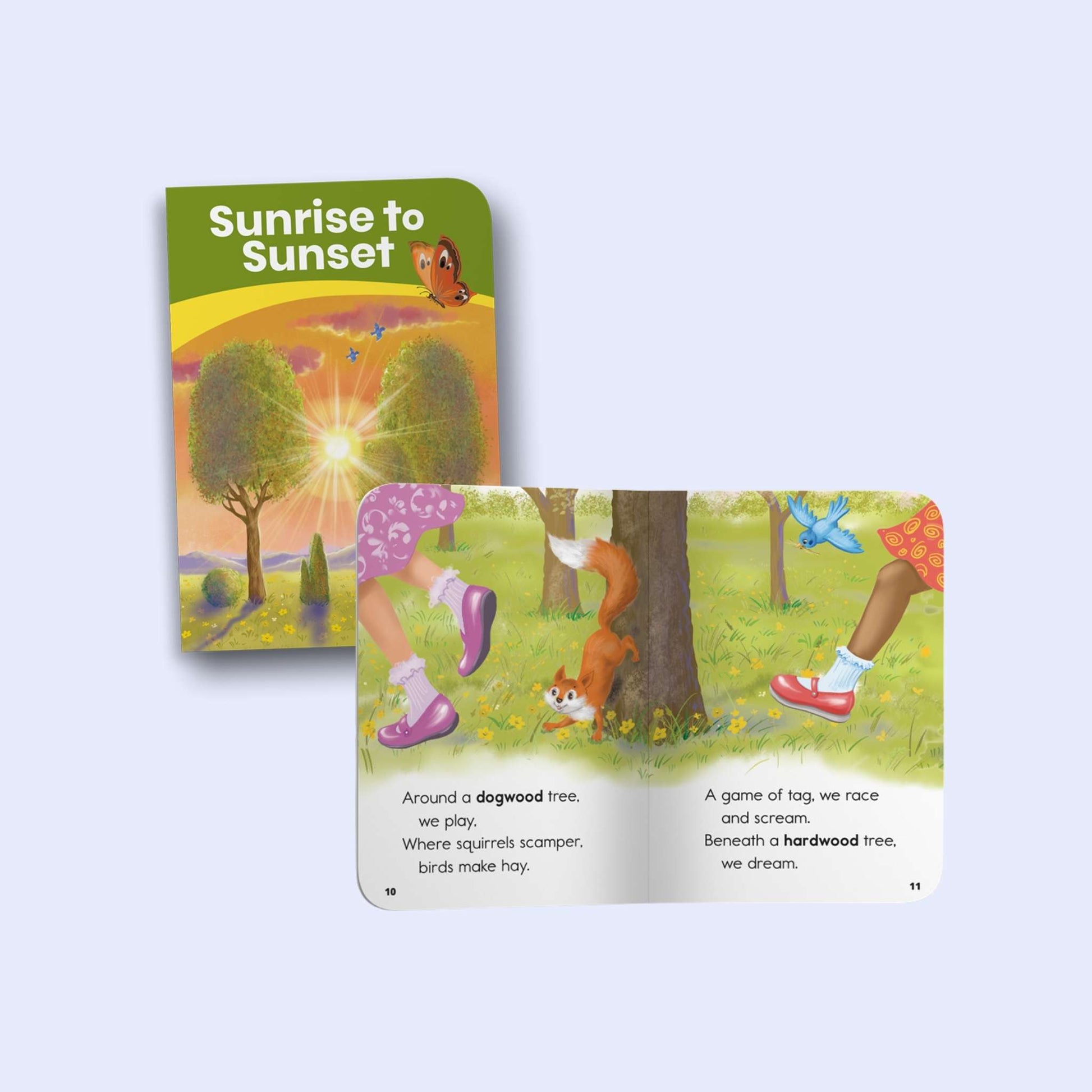 Heggerty children's decodable book with illustrations of a girl, fox, and trees, titled 'Sunrise to Sunset'.