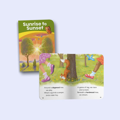 Heggerty children's decodable book with illustrations of a girl, fox, and trees, titled 'Sunrise to Sunset'.
