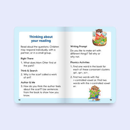Open decodable book with educational content on a light blue background
