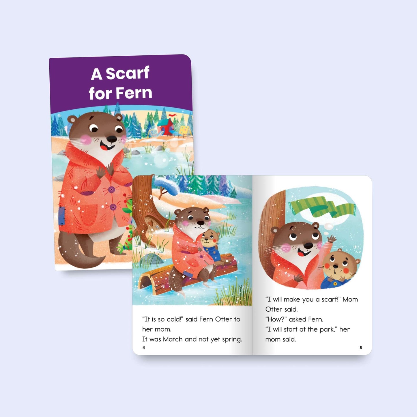 Children's decodable book with a cartoon otter character and a purple cover on a light blue background