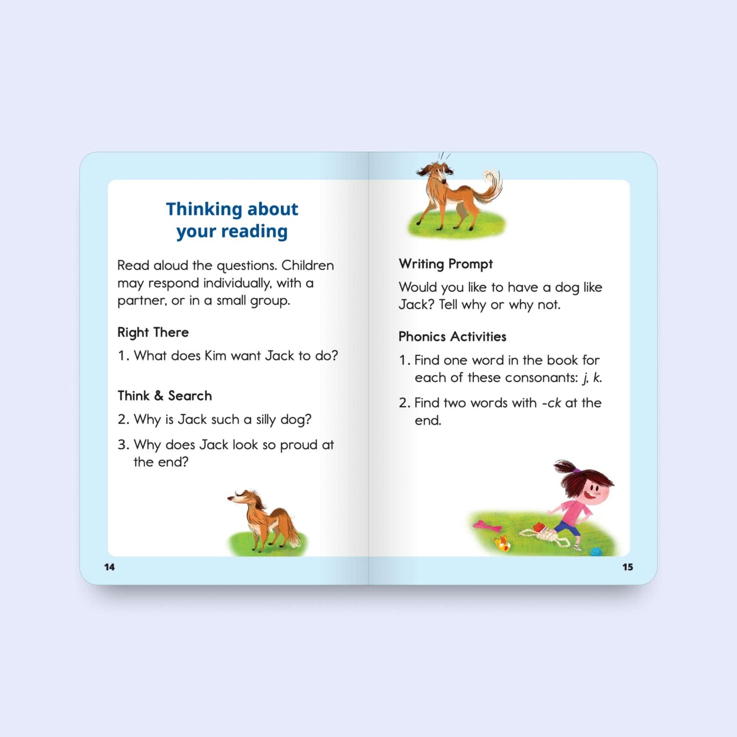 Open decodable book with educational content on a light blue background