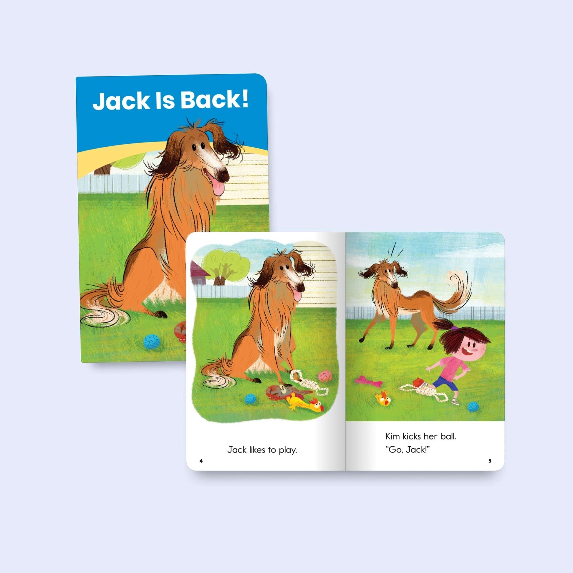 Heggerty children's decodable book with a dog on the cover and open to show inside pages on a light blue background