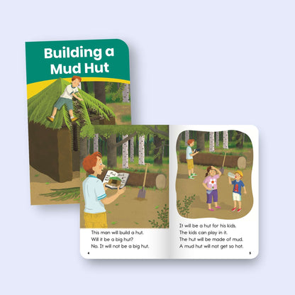 Heggerty children's decodable book titled 'Building a Mud Hut' with illustrations of children playing in a forest.
