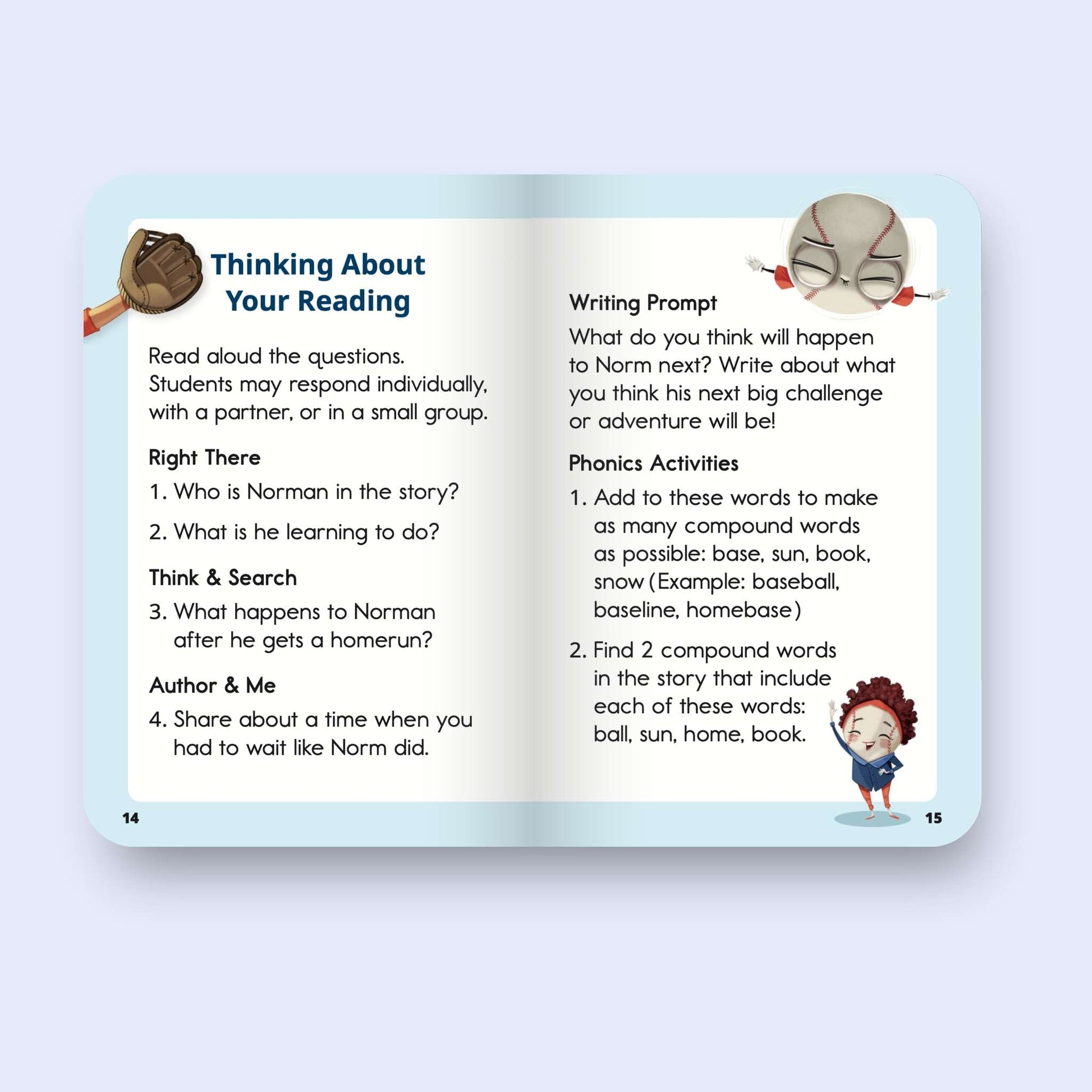 Educational decodable book page with reading activities and prompts on a light blue background