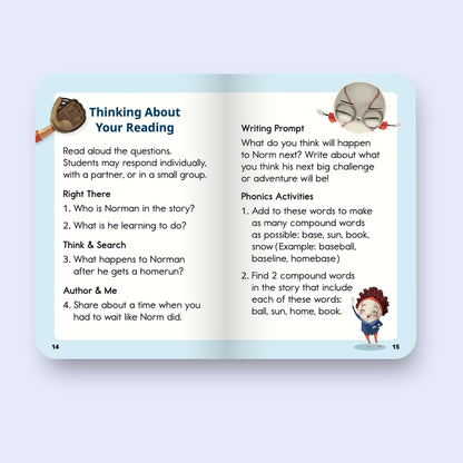 Educational decodable book page with reading activities and prompts on a light blue background