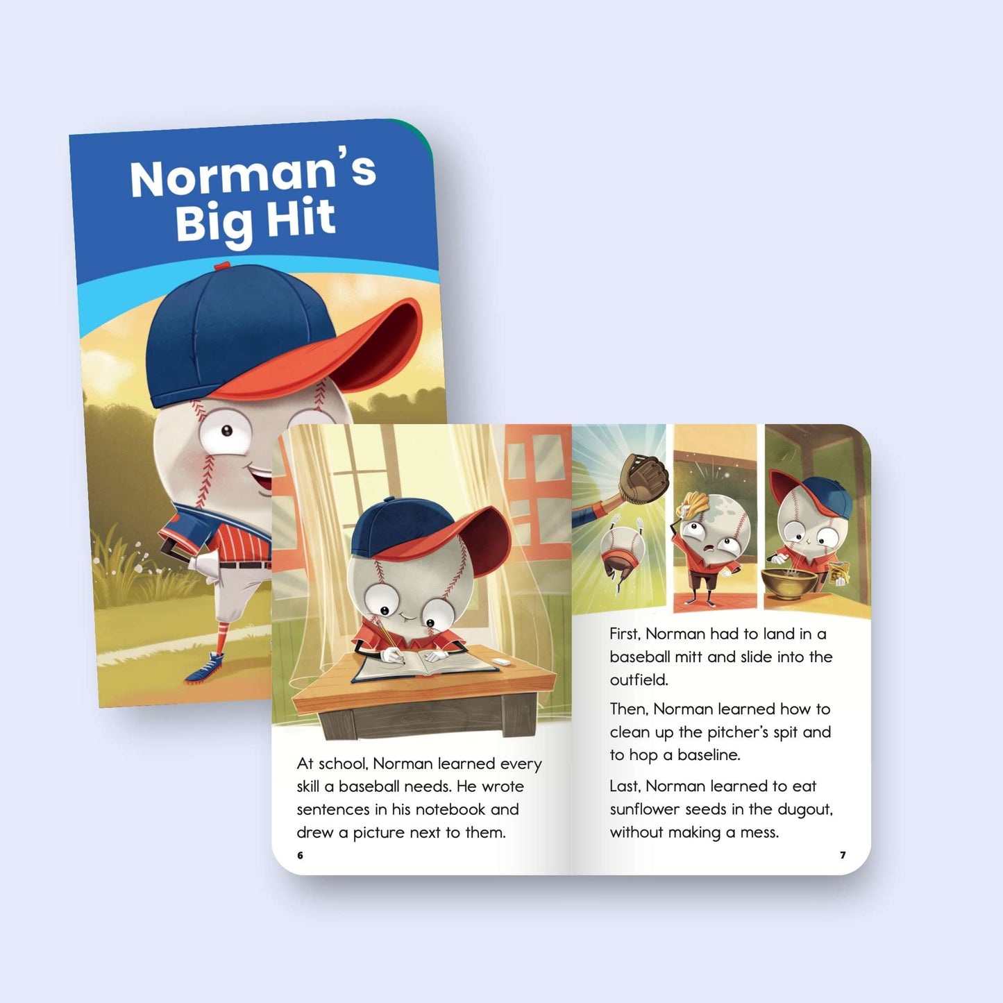 Children's book titled 'Norman's Big Hit' with a baseball-themed cover and inside page on a light blue background.