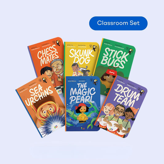 Heggerty Library Toucan Series decodable readers for grades 2-4, featuring six book covers like "Stick Bugs" and "The Magic Pearl" to support multisyllabic decoding and reading fluency.