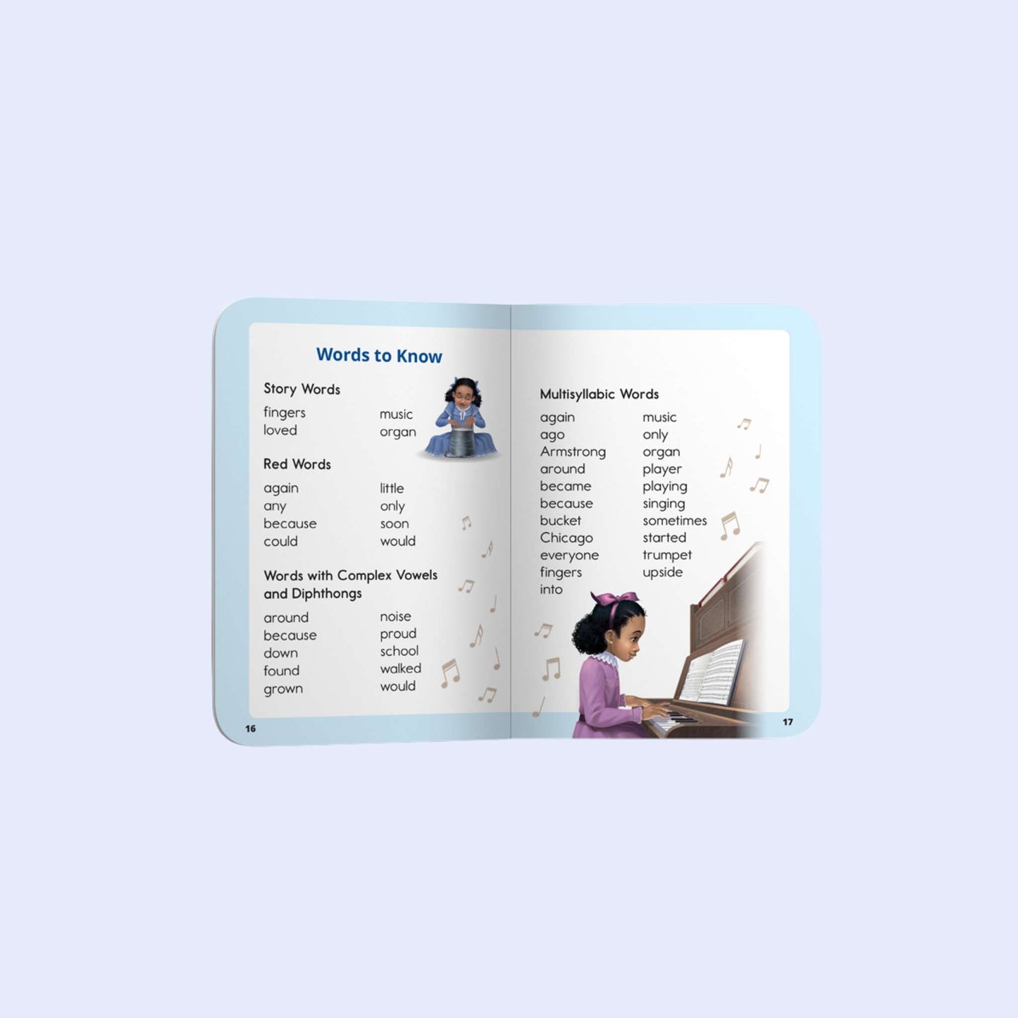 Educational book open to a page with children and text on a light blue background