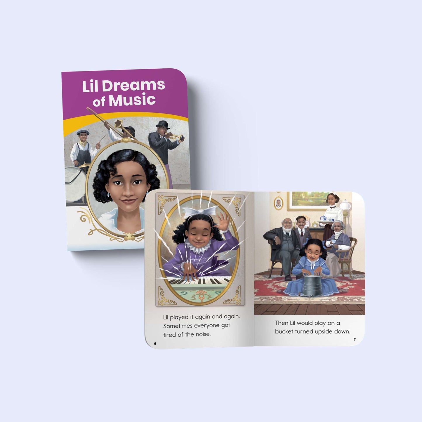 Children's book titled 'Lil Dreams of Music' with illustrations on a light purple background
