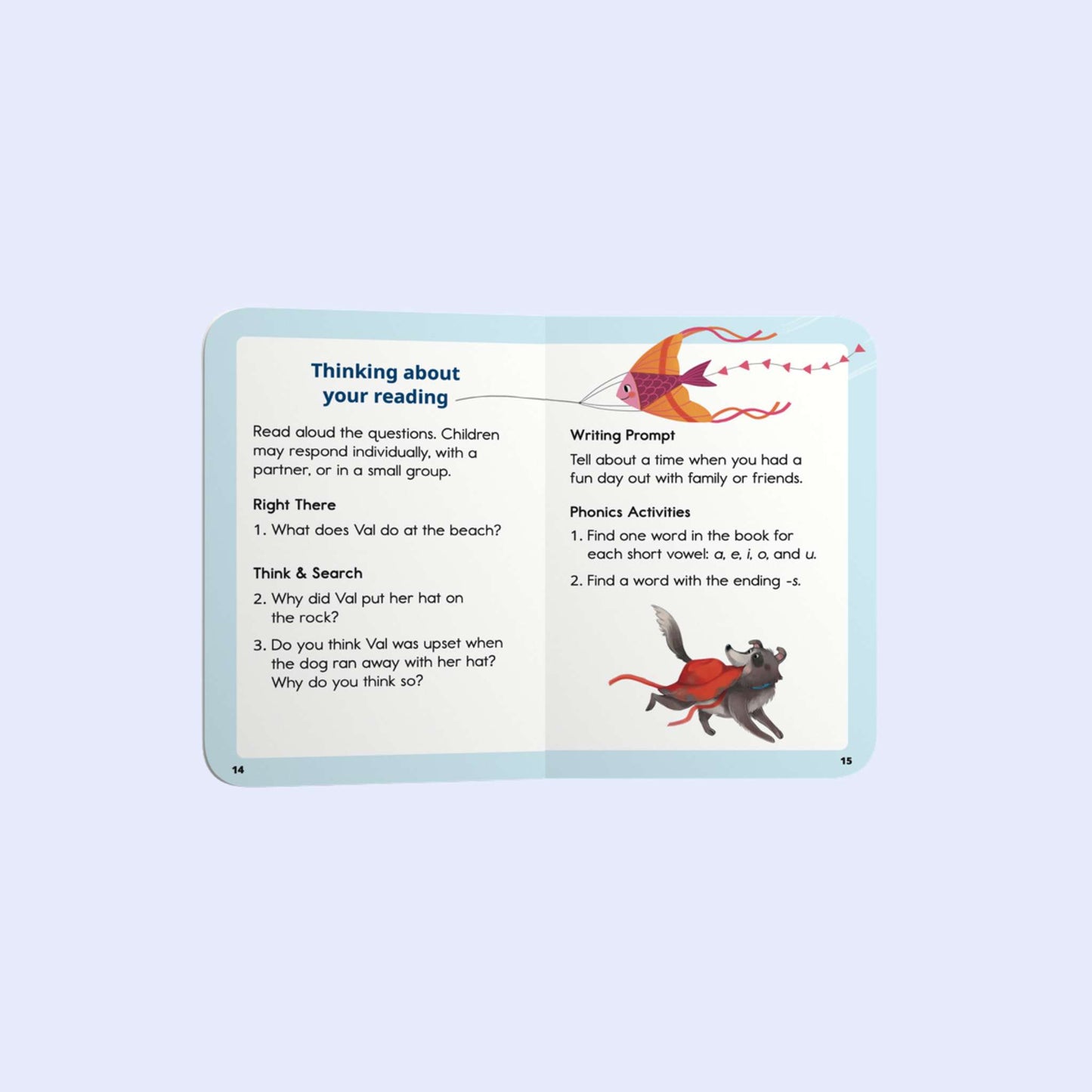 Educational reading prompt decodable book with illustrations of a dog and fish on a light blue background