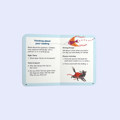 Educational reading prompt decodable book with illustrations of a dog and fish on a light blue background