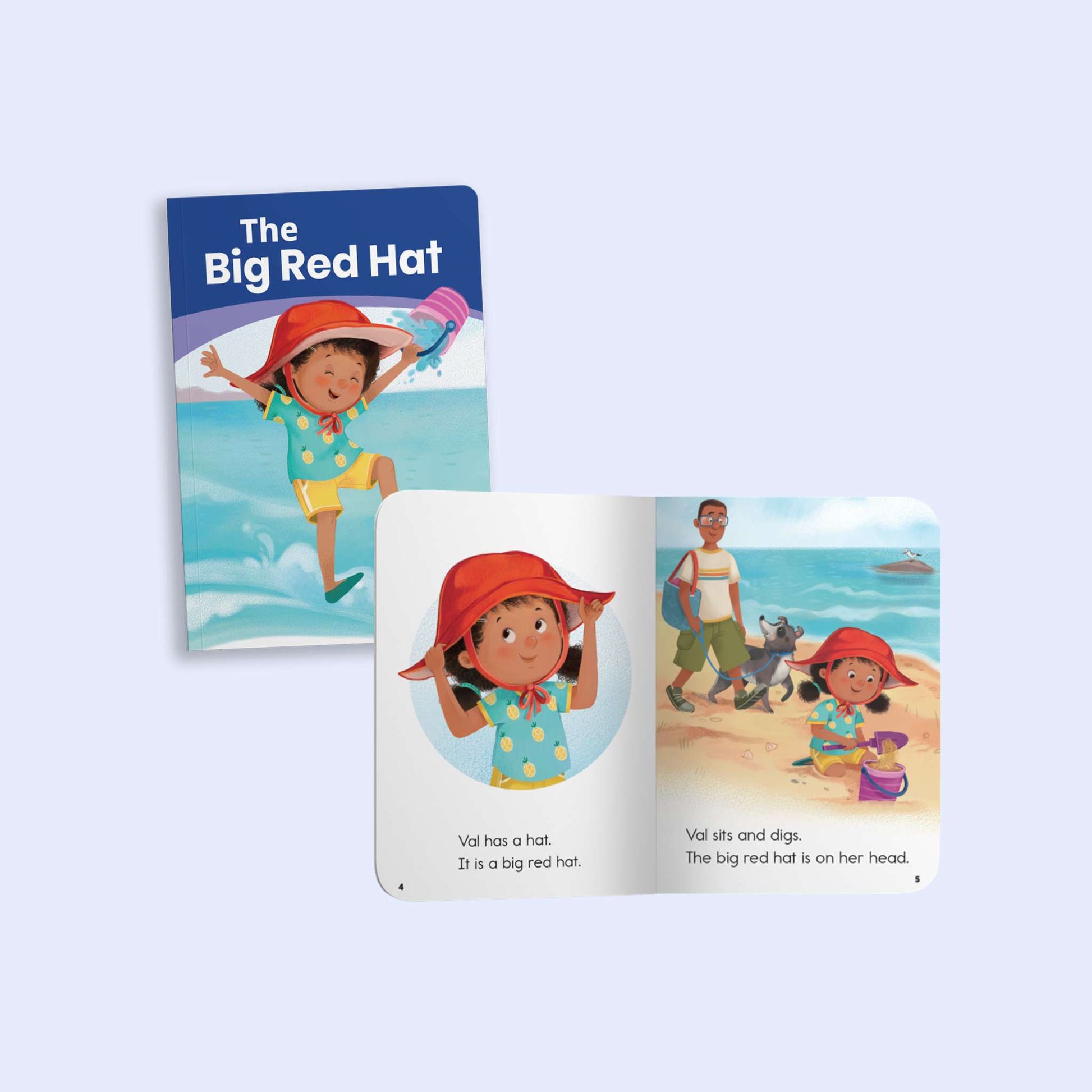 Children's decodable book titled 'The Big Red Hat' with illustrations of a child wearing a red hat on a beach.