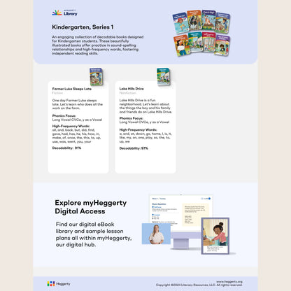 Heggerty Library Kindergarten series 1 books with text and images on a light blue background