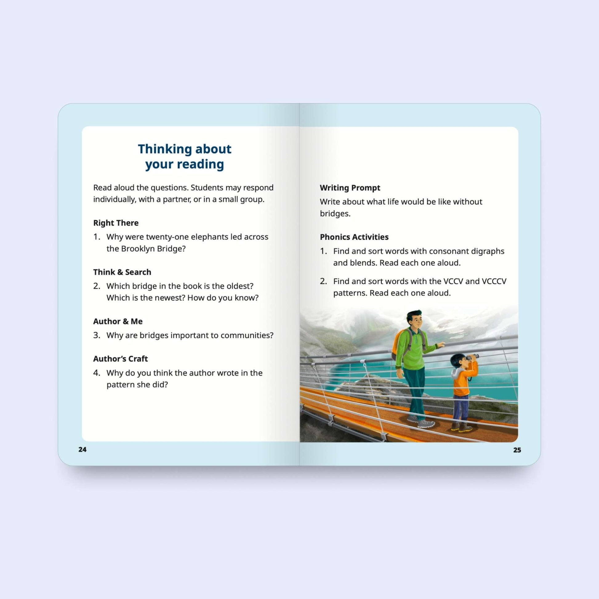 Open book with educational content and a photo of two people on a bridge.