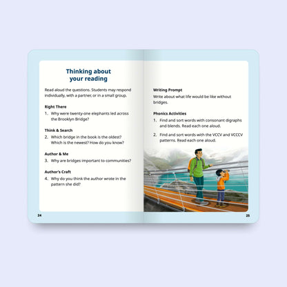 Open book with educational content and a photo of two people on a bridge.