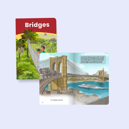 Children's book titled 'Bridges' with illustrations of a bridge and children playing.