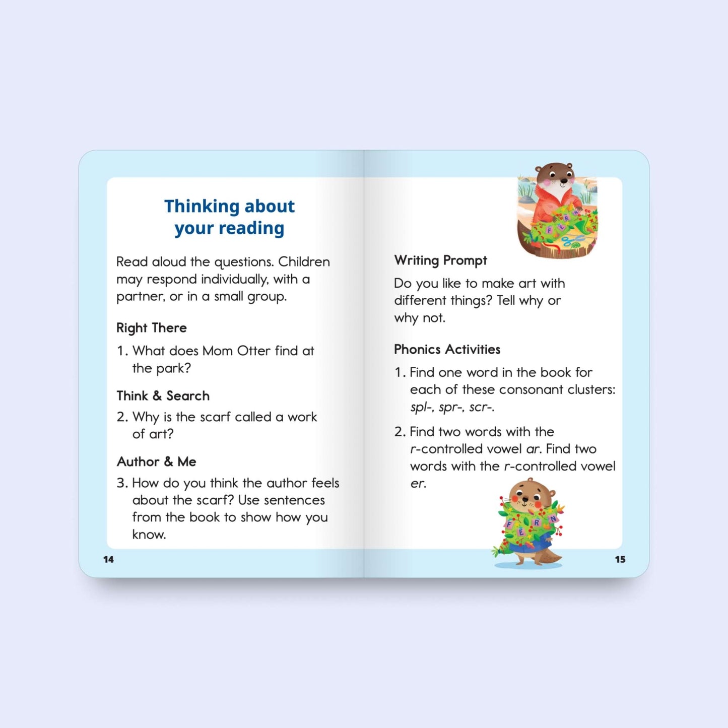 Open decodable book with educational content on a light blue background