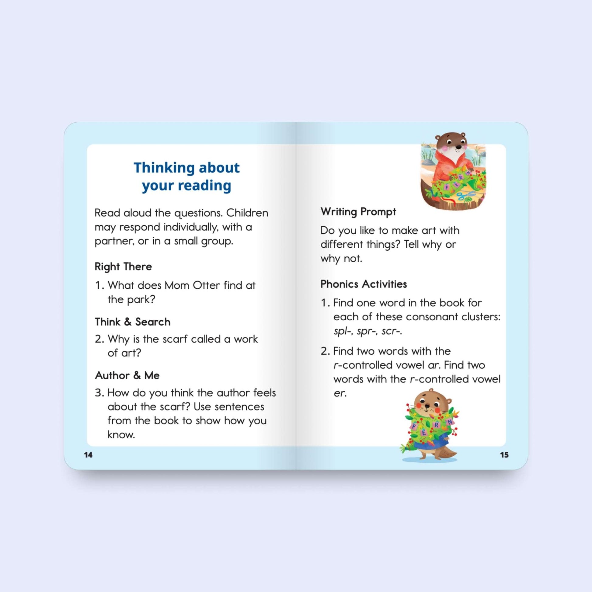 Open decodable book with educational content on a light blue background