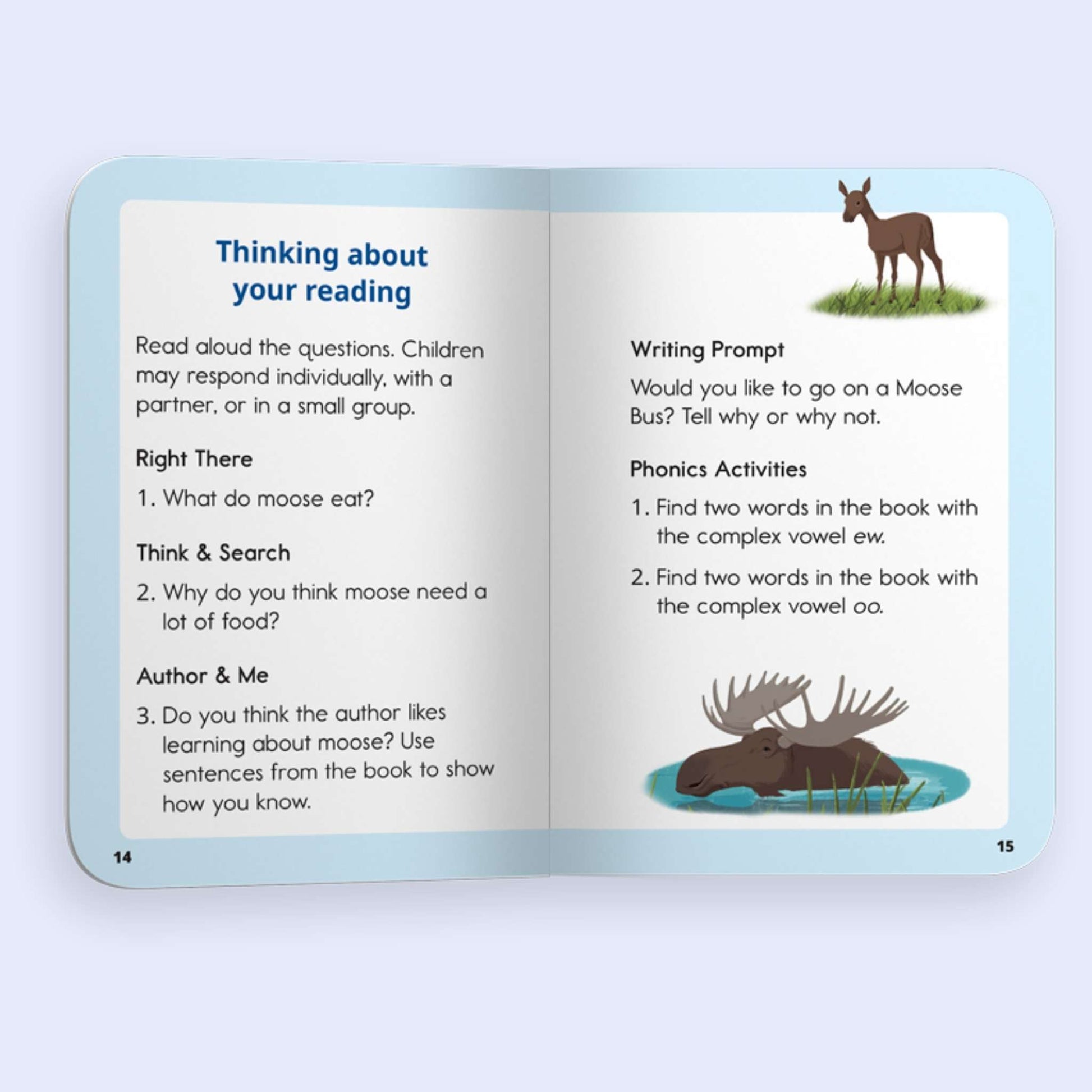 Open book with educational content about moose on a light blue background