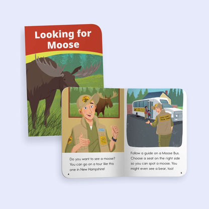 Children's book titled 'Looking for Moose' with illustrations of a moose and a guide on a bus.