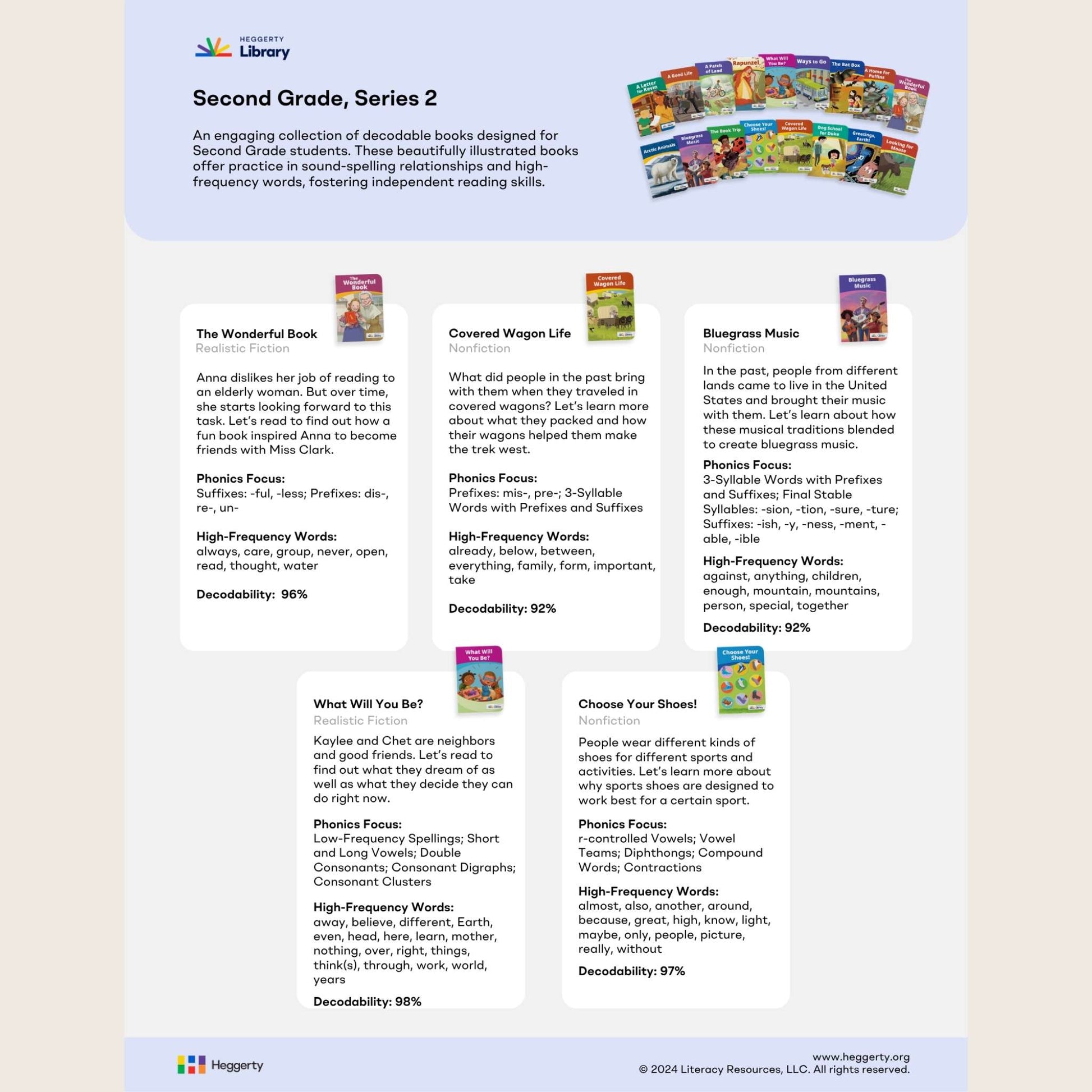Heggerty Second Grade Series 2 decodable book collection with books displayed on a light blue background.