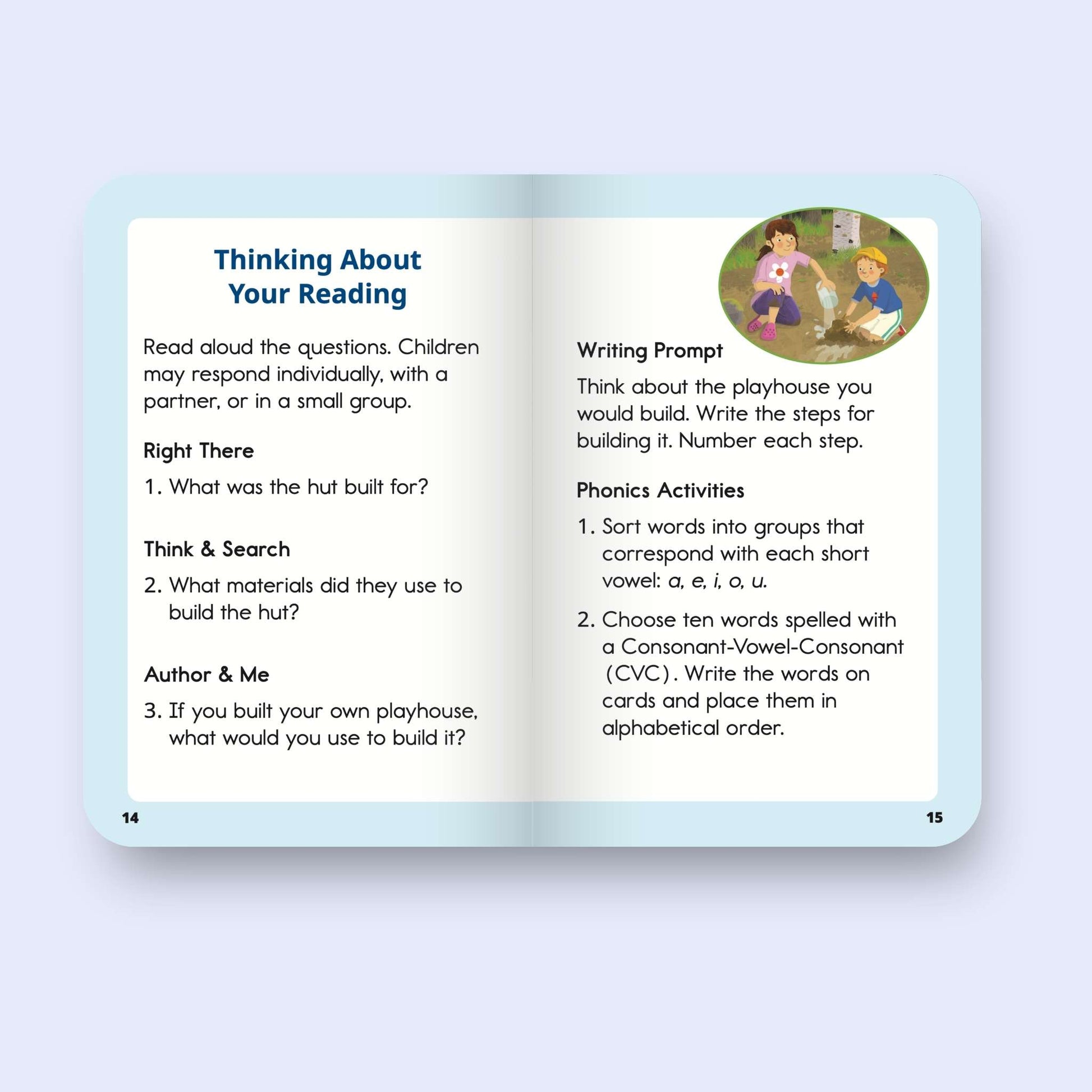 Open Heggerty decodable book with educational content on a light blue background