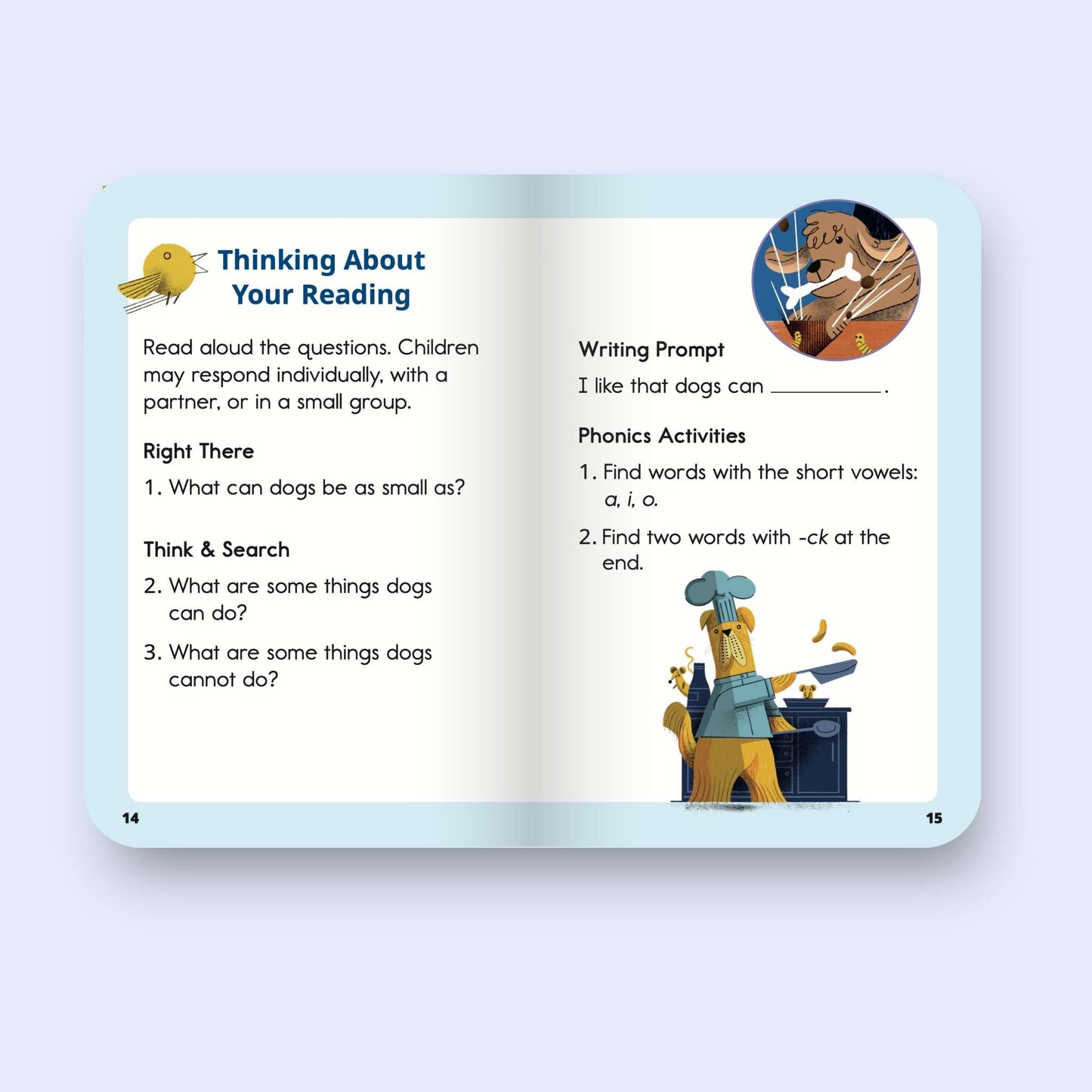 Heggerty educational decodable book page with reading prompts and activities on a light blue background
