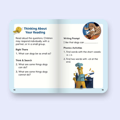 Heggerty educational decodable book page with reading prompts and activities on a light blue background