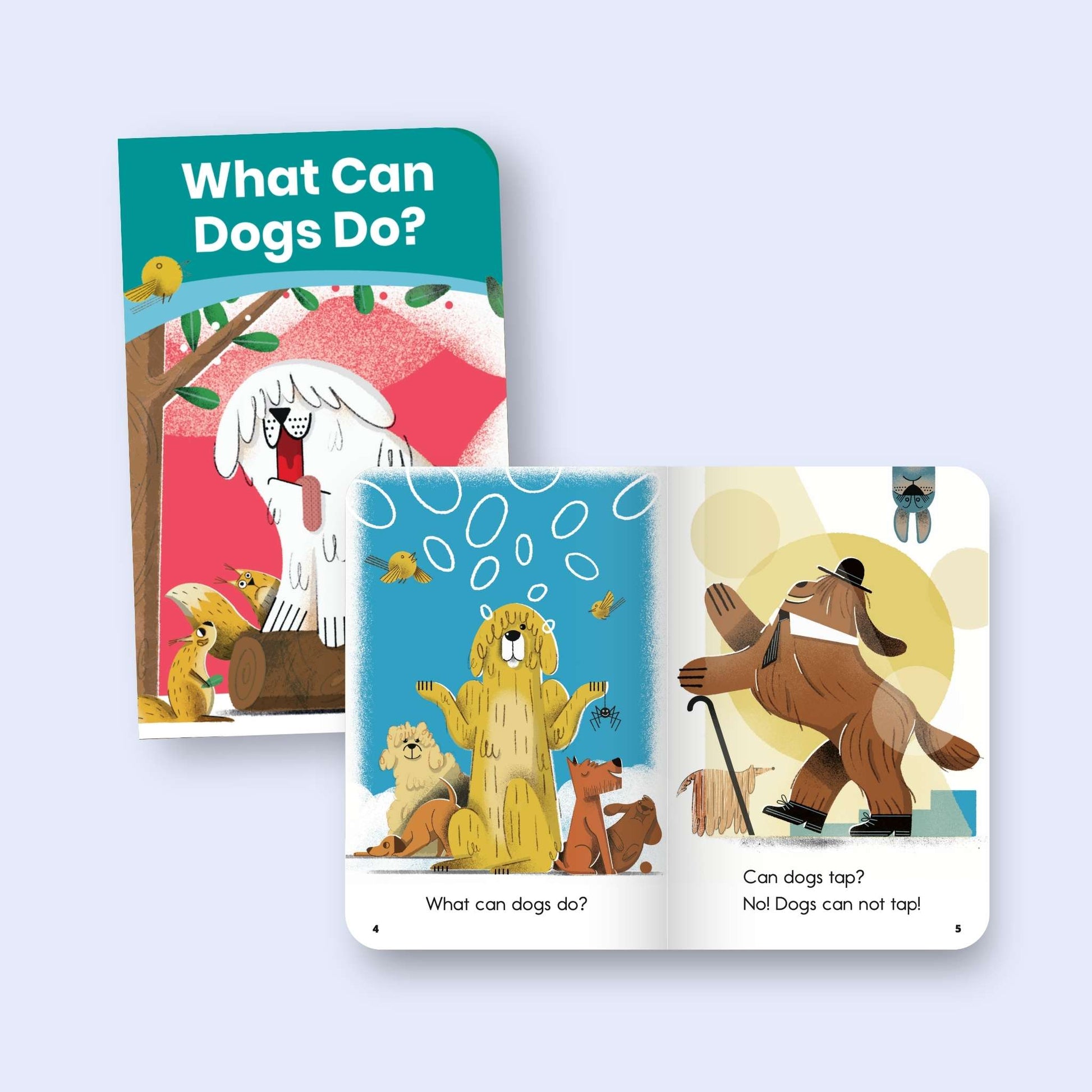 Heggerty children's decodable book with illustrations of dogs and a blue cover on a light purple background