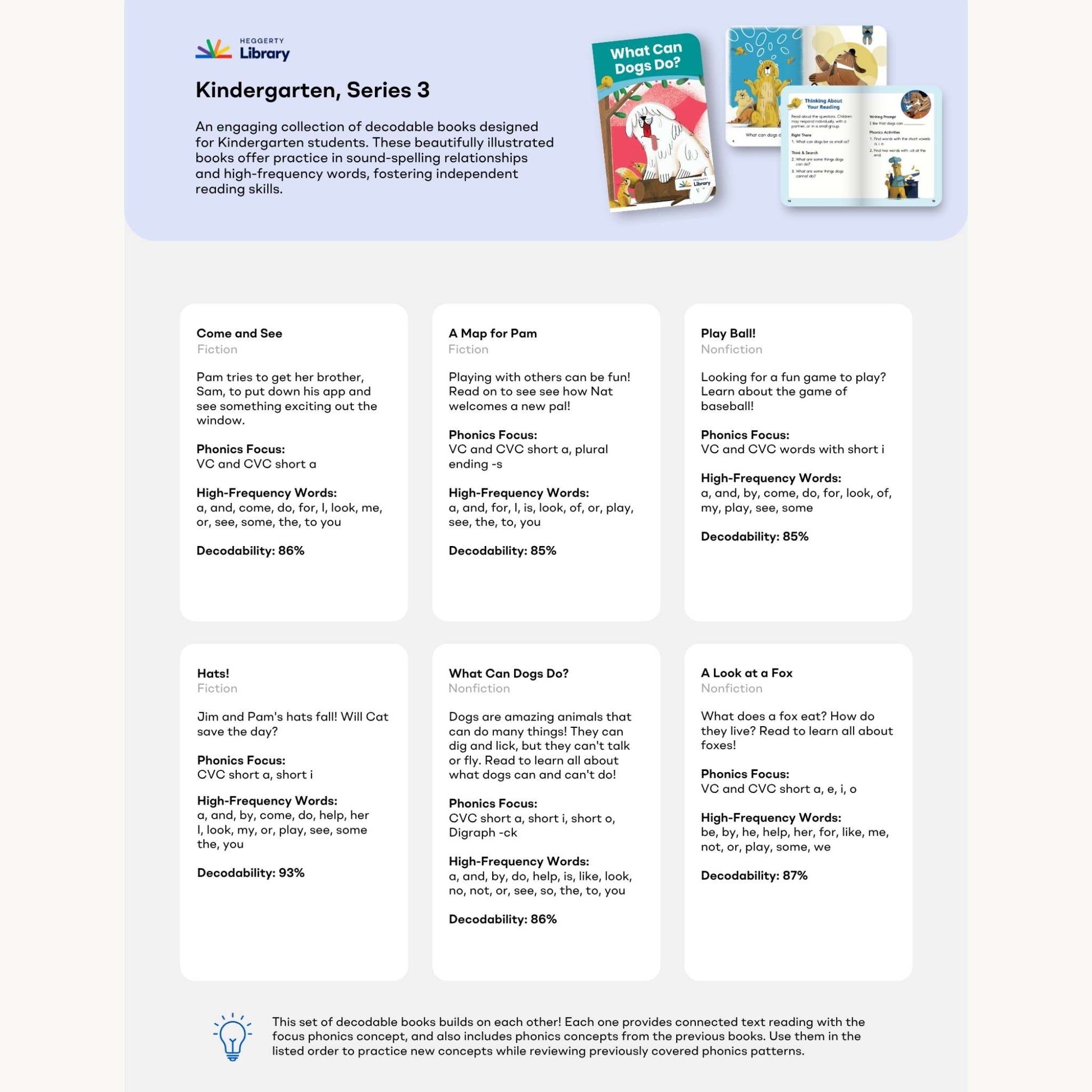 Heggerty educational kindergarten book series with decodable books and phonics focus on a white background.