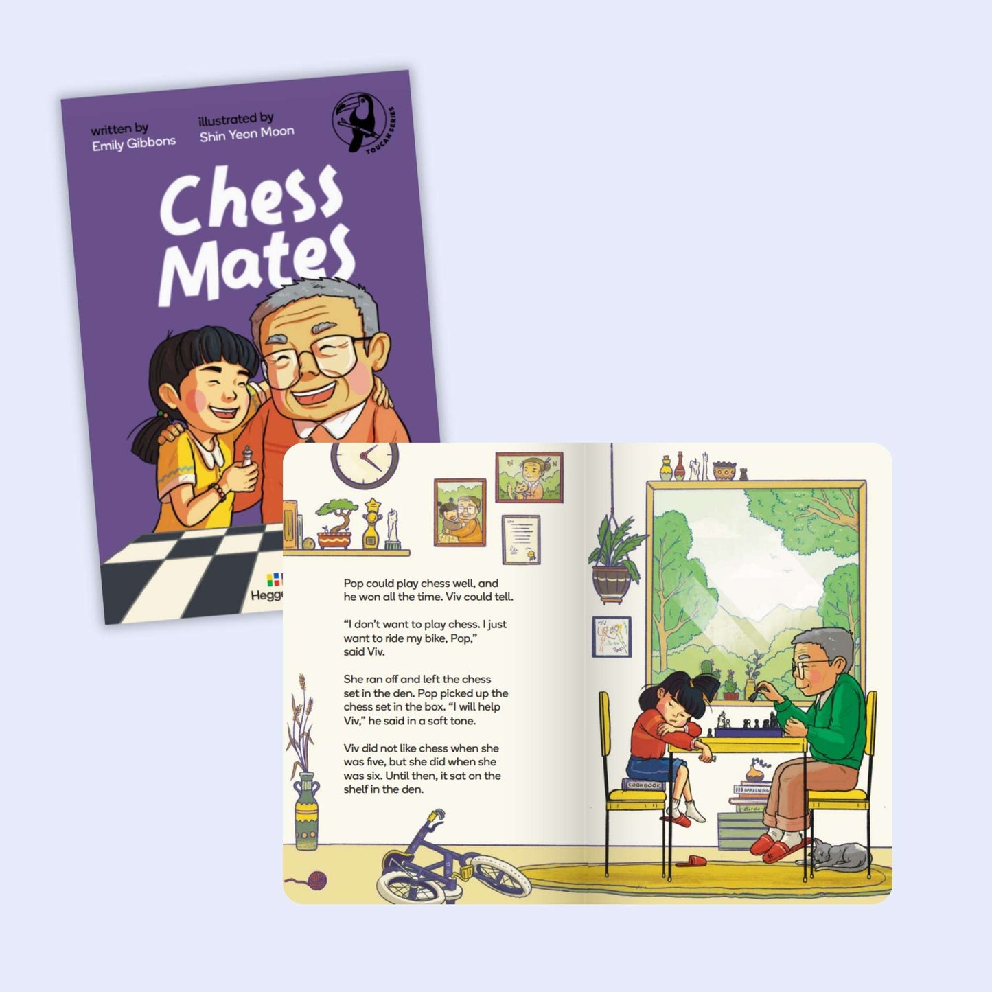 Children's decodable book titled 'Chess Mates' with an illustration of a grandfather and granddaughter playing chess.