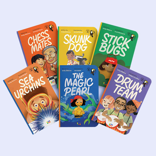 Collection of Heggerty children's decodable books with colorful covers on a light blue background