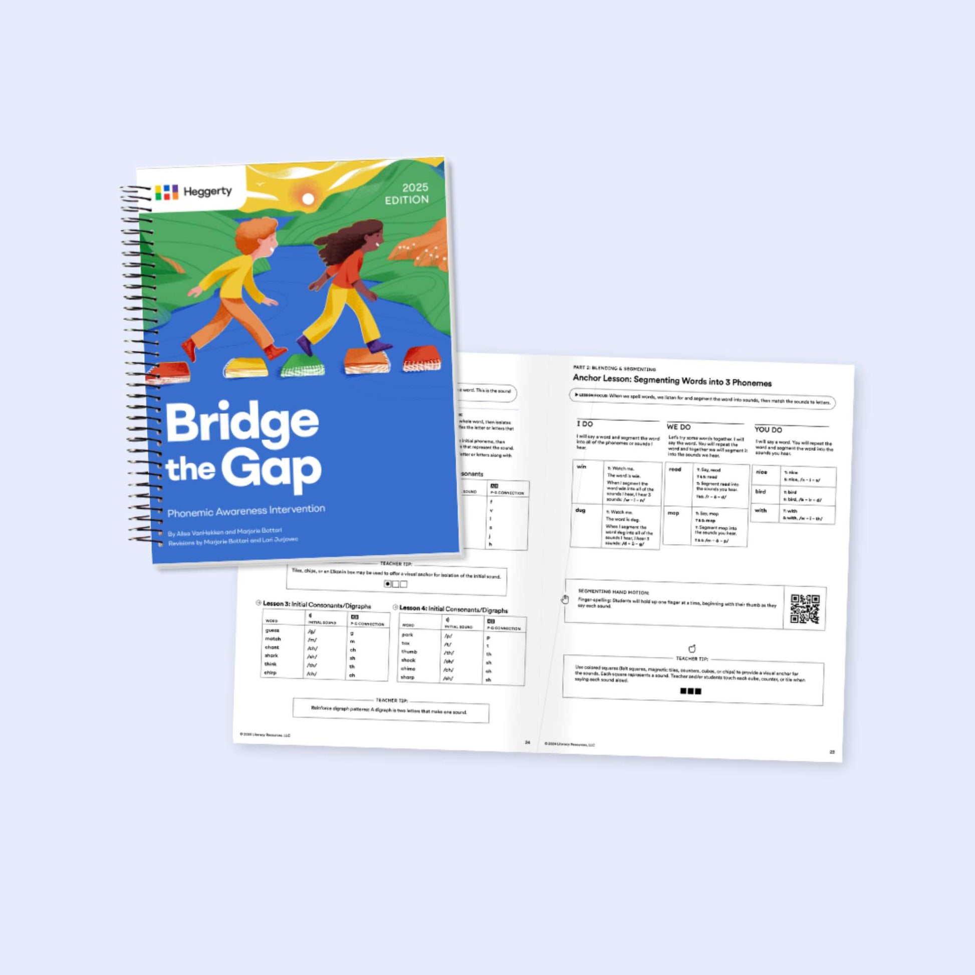 Phonemic Awareness intervention titled 'Bridge the Gap' with open pages showing worksheets on a light blue background