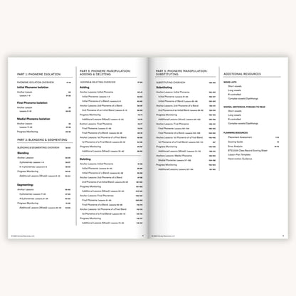 Open book showing a scope and sequence table of contents with black text on a white background