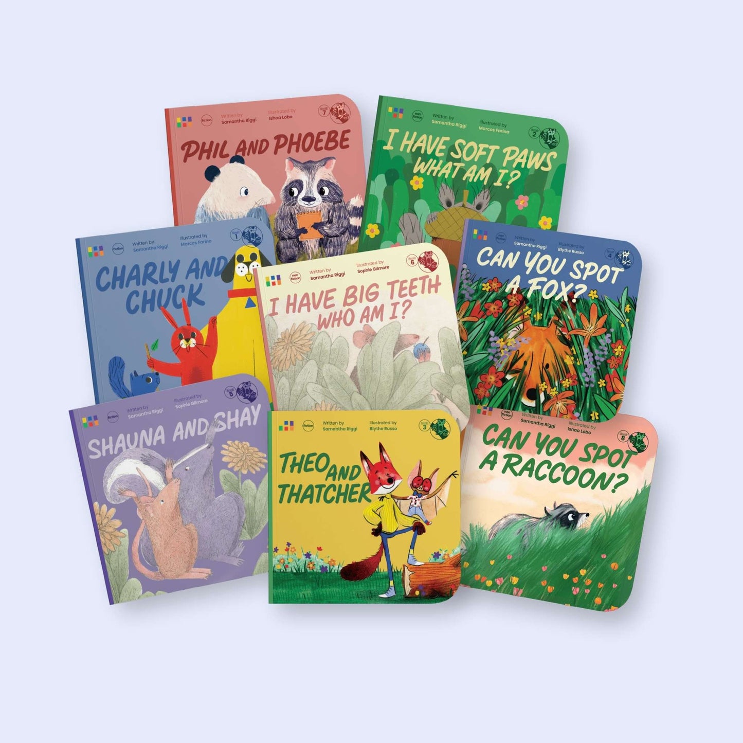 Collection of children's decodable books with colorful covers on a light blue background