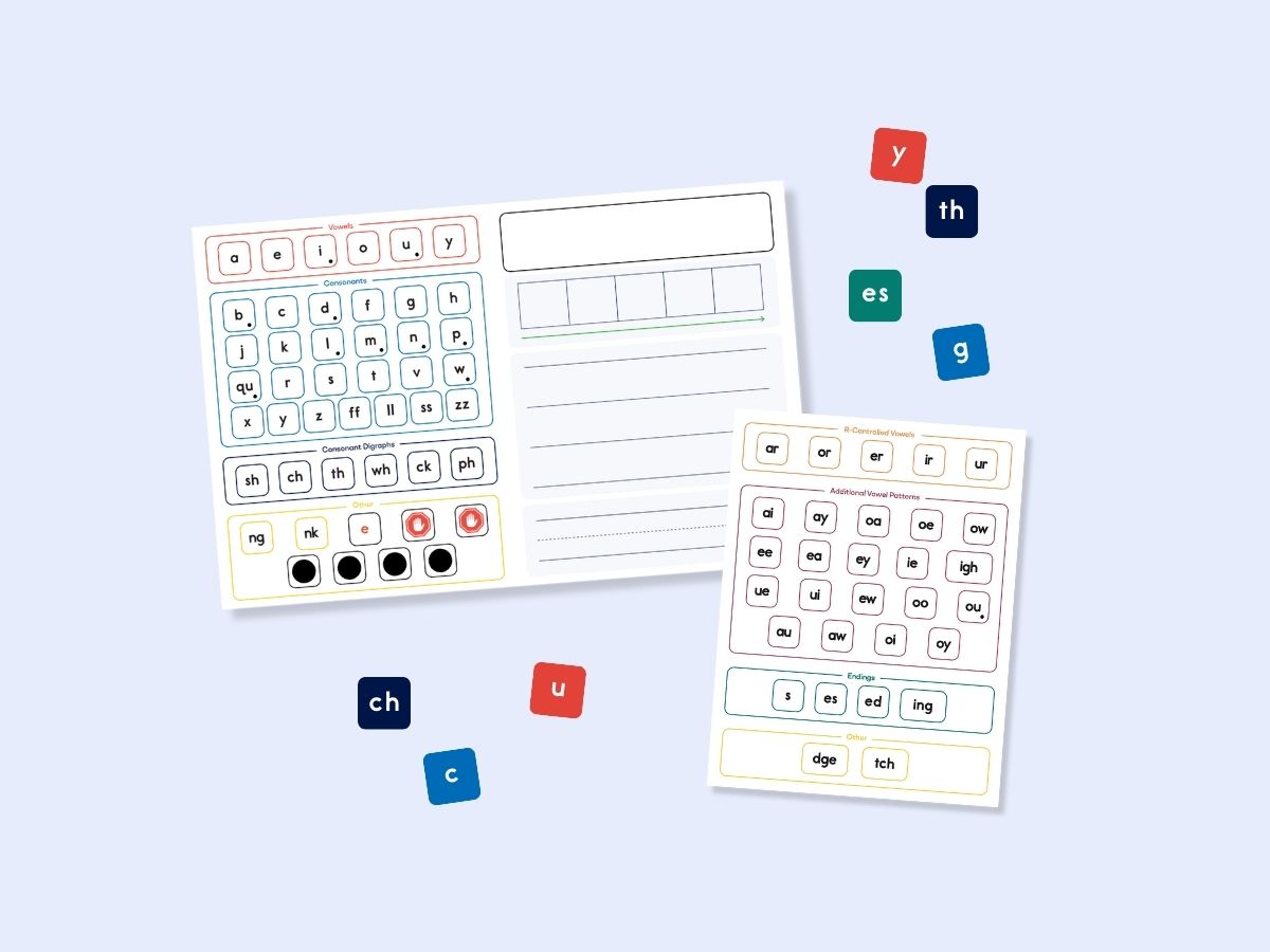 Heggerty phonics charts and magnetic alphabet letters used on activity boards for individual spelling and literacy practice.