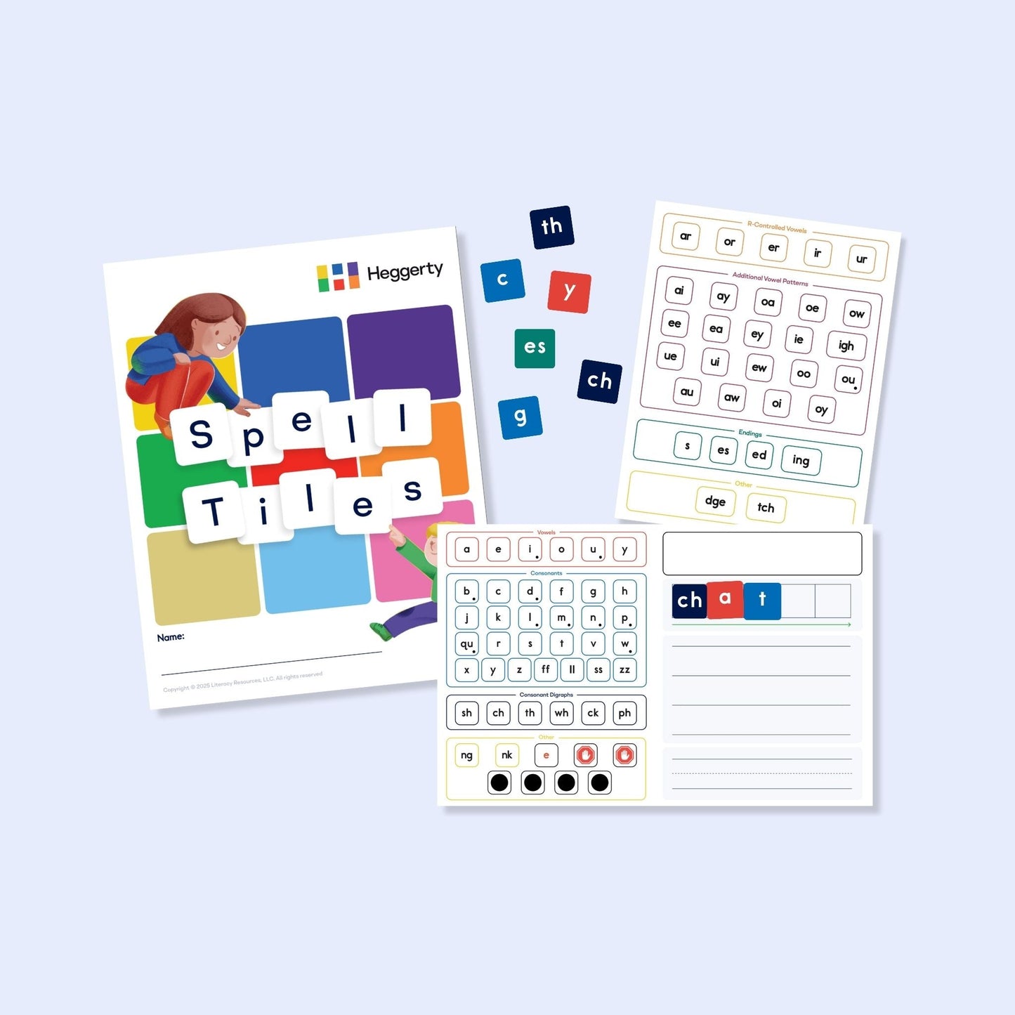 Magnetic spelling manipulatives including a digraph chart, letter grid, and phonics activity sheet for classroom use.