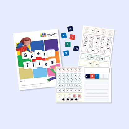 Magnetic spelling manipulatives including a digraph chart, letter grid, and phonics activity sheet for classroom use.
