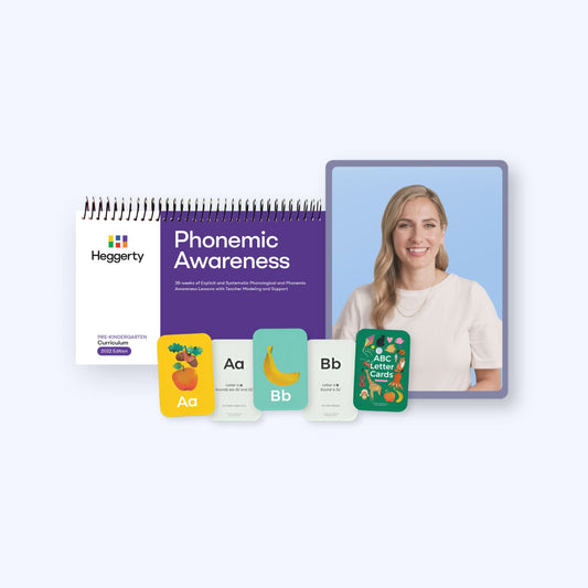 Complete Heggerty Pre-K Phonemic Awareness bundle featuring the purple curriculum manual, alphabet cards, and myHeggerty digital resources for preschool classrooms.