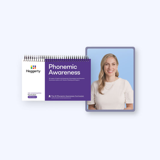 Pre-K Phonemic Awareness Starter bundle featuring the purple Heggerty curriculum manual and myHeggerty digital access for preschool and transitional kindergarten.